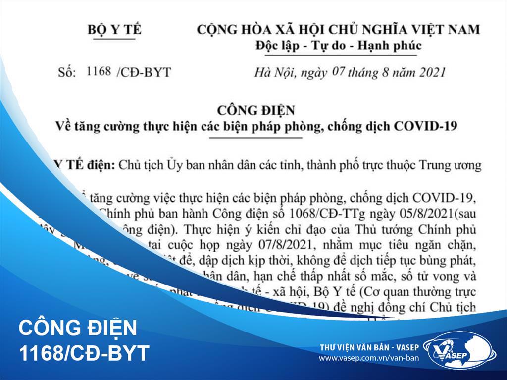 Công điện 1168CĐ-BYT tăng cường thực hiện các biện pháp phòng, chống dịch Covid-19 