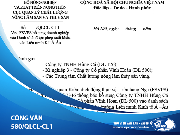 FSVPS bổ sung doanh nghiệp vào danh sách được phép XK vào Liên minh kinh tế Á – Âu