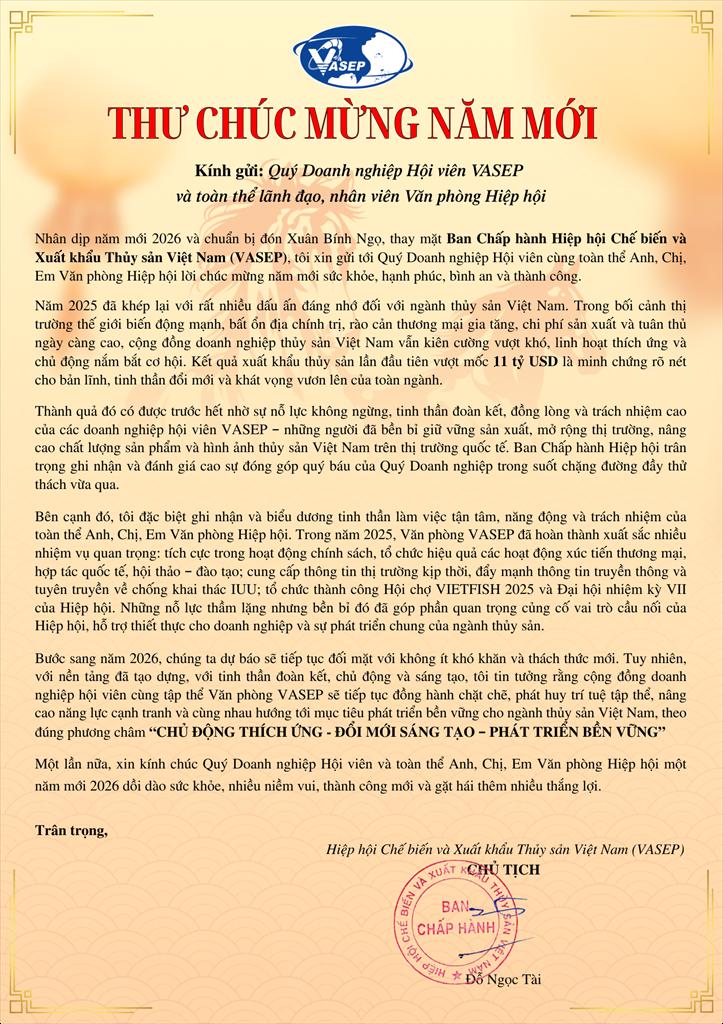 Thông điệp chúc mừng năm mới 2026 từ Chủ tịch VASEP