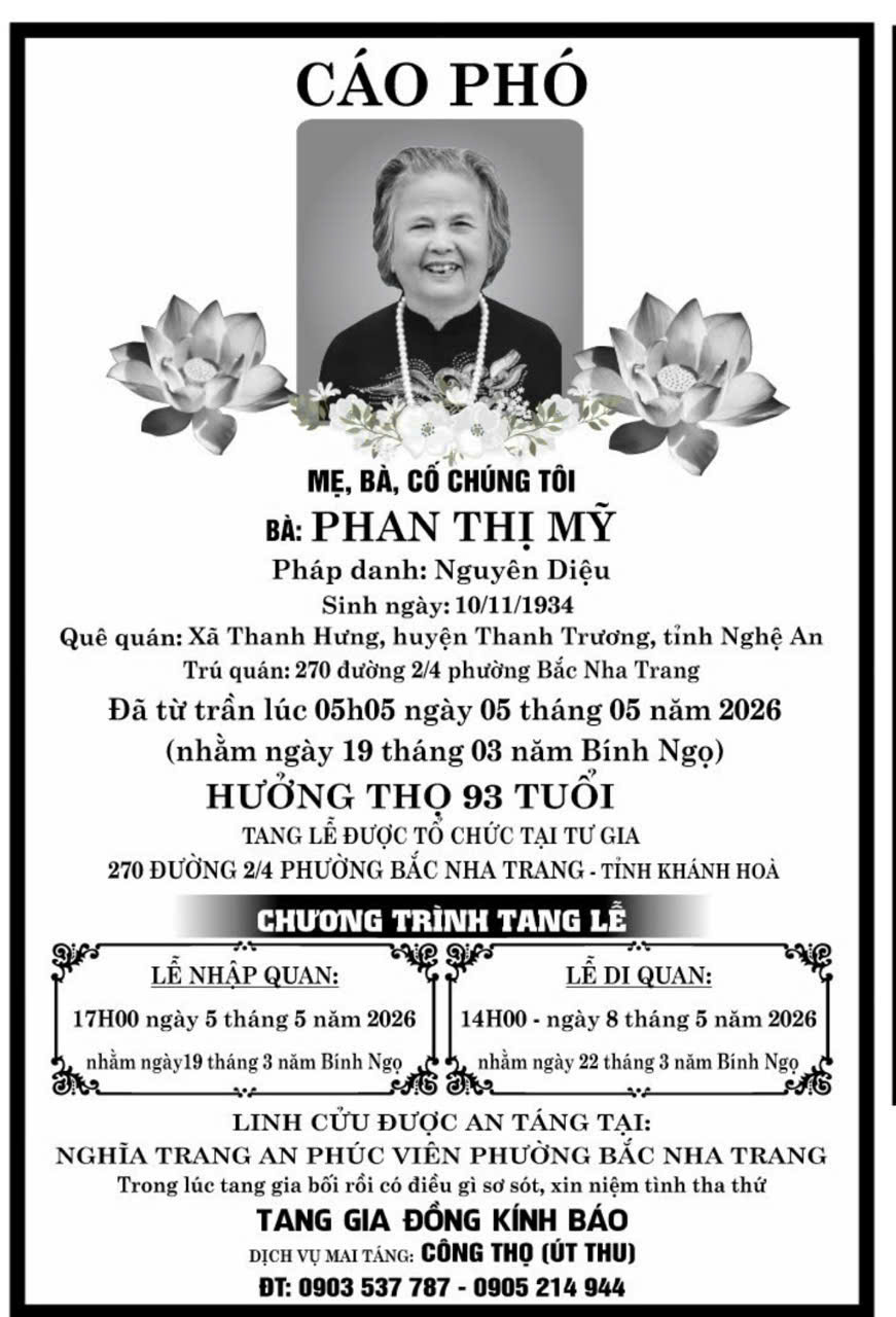 TIN BUỒN Bà PHAN THỊ MỸ Thân mẫu của ông Trương Hữu Thông TGĐ Công ty TNHH Thông Thuận từ trần