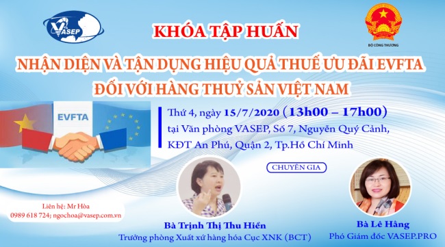 Mời tham dự Khóa tập huấn Nhận diện và tận dụng hiệu quả thuế ưu đãi EVFTA đối với hàng thuỷ sản Việt Nam